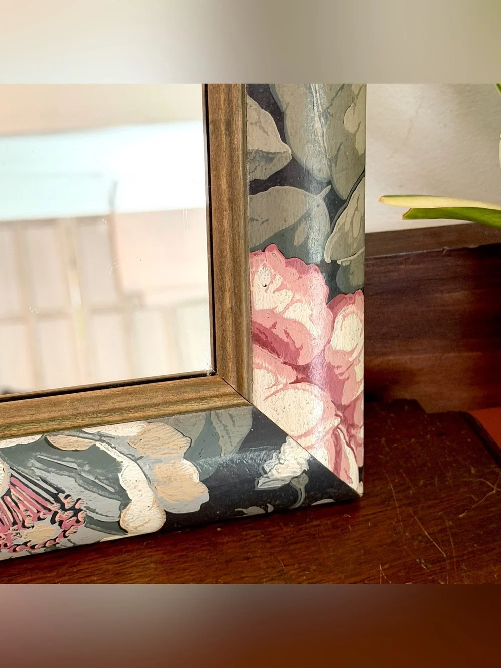 Vintage Dark Cottagecore Moody Floral Mirror Rectangle Gold Trim Wall Hanging